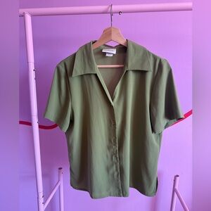 Olive Green Short-Sleeve Button Front Blouse